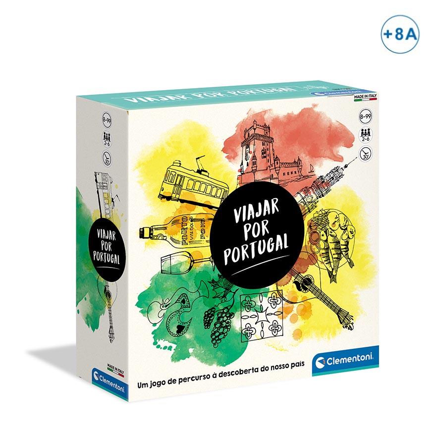 Caixa de jogo de tabuleiro 'Viajar por Portugal' com ilustrações coloridas