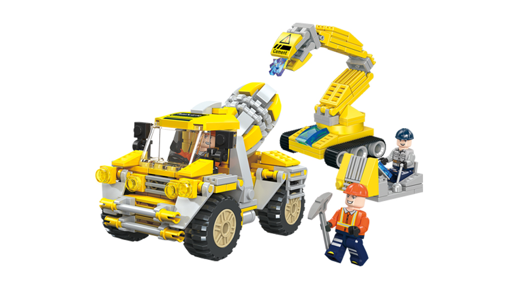 Brinquedo veículo camião e grua com duas figuras humanas em miniatura