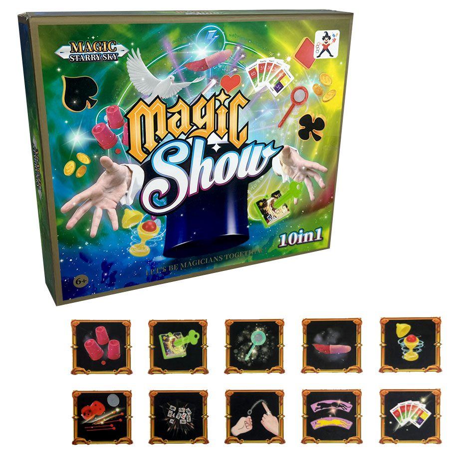 Caixa do jogo Magic Show 10 em 1 com vários acessórios de ilusionismo sobre fundo verde.