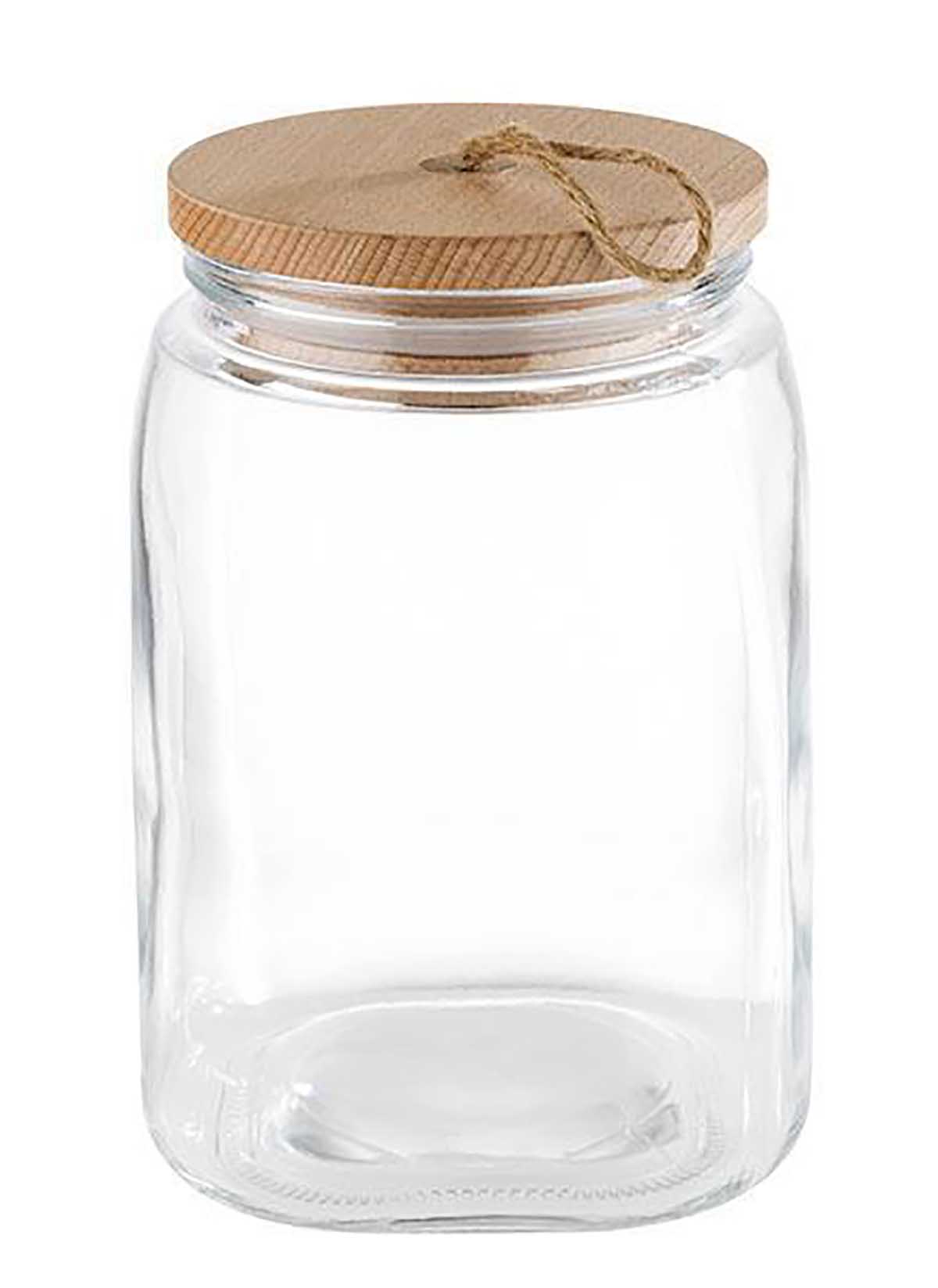 Frasco de vidro com tampa de madeira e cordão de juta