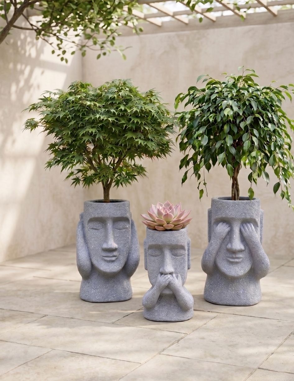 Vaso Decorativo Moai "O Sábio" em Pedra Texturizada