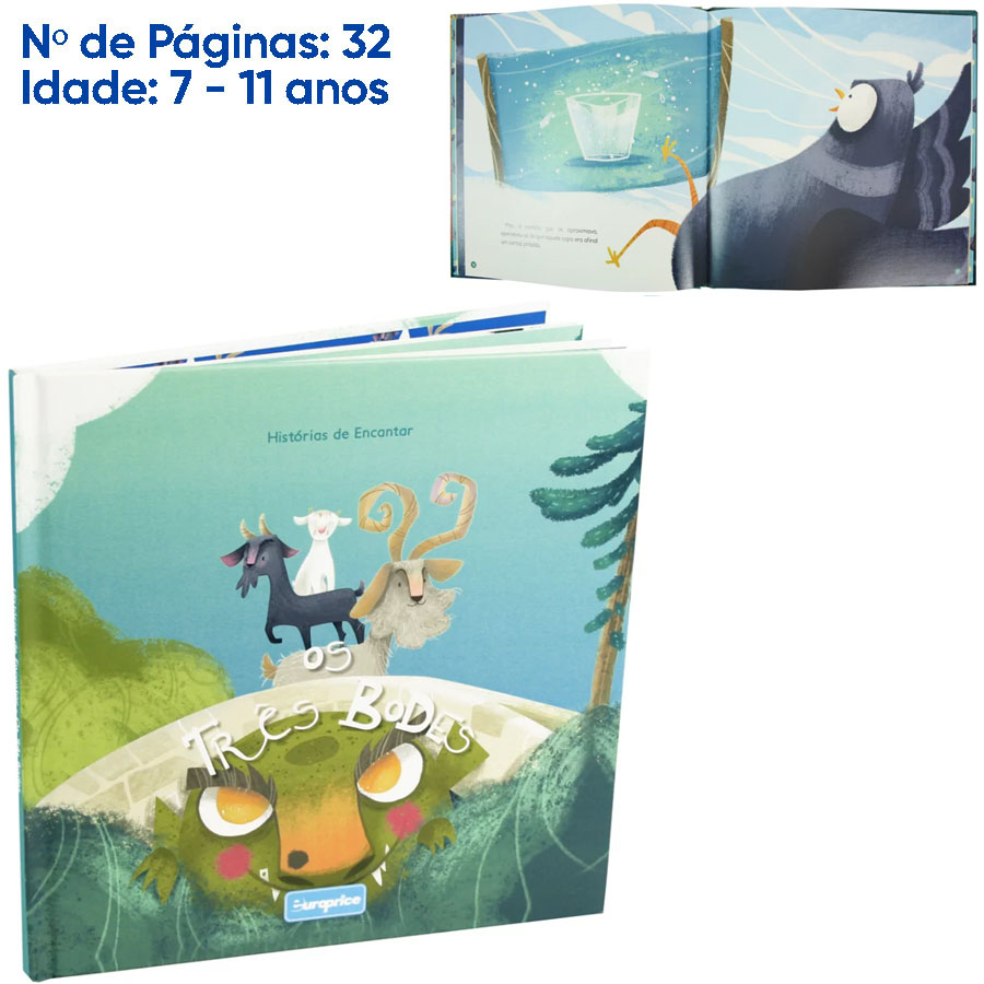 Livro infantil 'Os Três Bodes' com ilustrações coloridas e capa com monstro verde e cabras