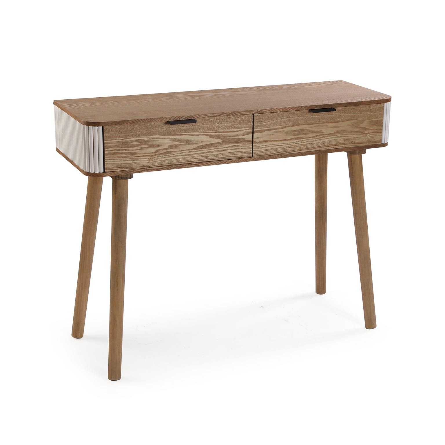 Mesa de madeira com gavetas e pernas cilíndricas