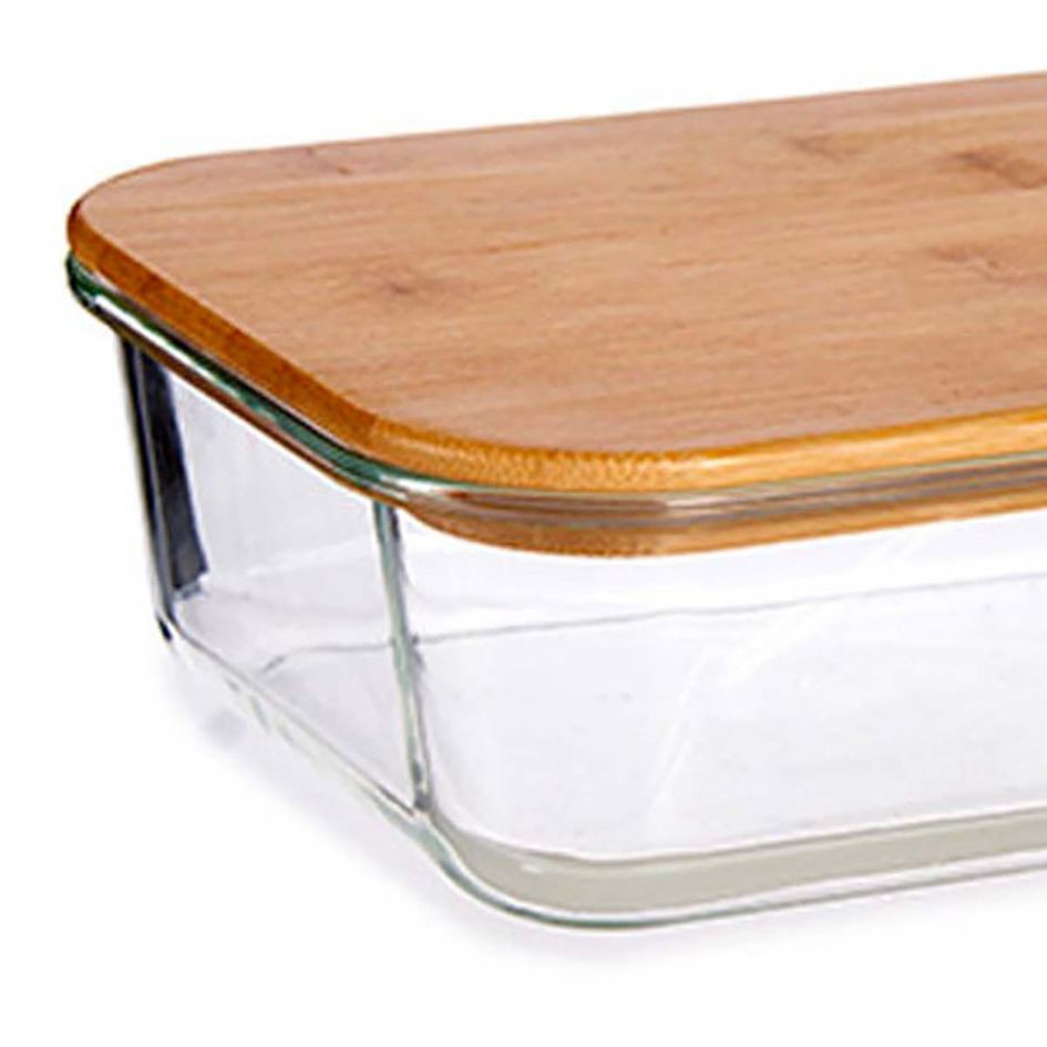 Recipiente de vidro quadrado com tampa de madeira clara