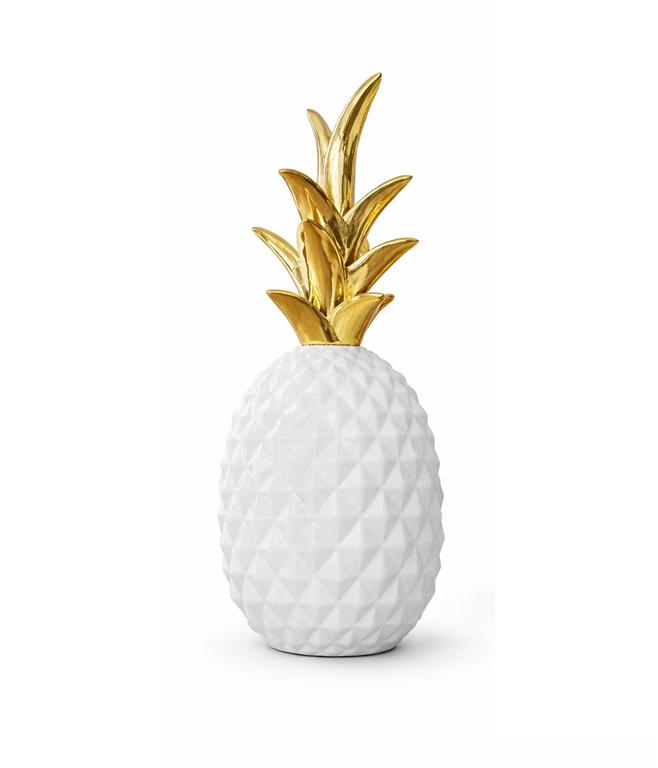 Objeto decorativo em forma de ananás branco e dourado