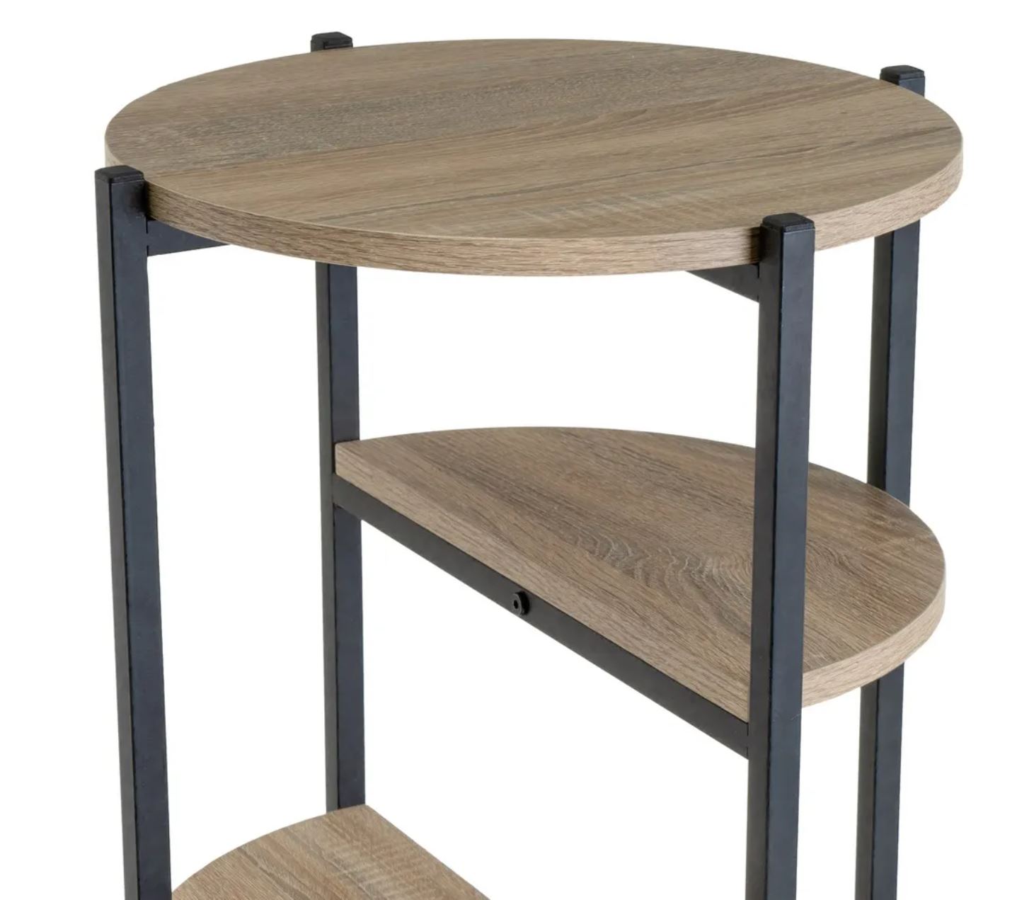 Mesa redonda de apoio em madeira clara com estrutura metálica preta