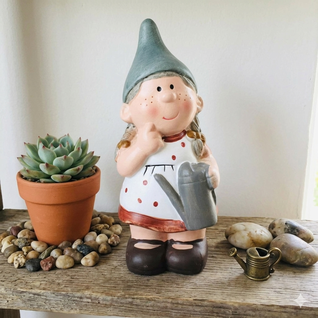 Figura decorativa de cerâmica de rapariga com chapéu verde e regador, vaso com suculenta e pedras sobre madeira