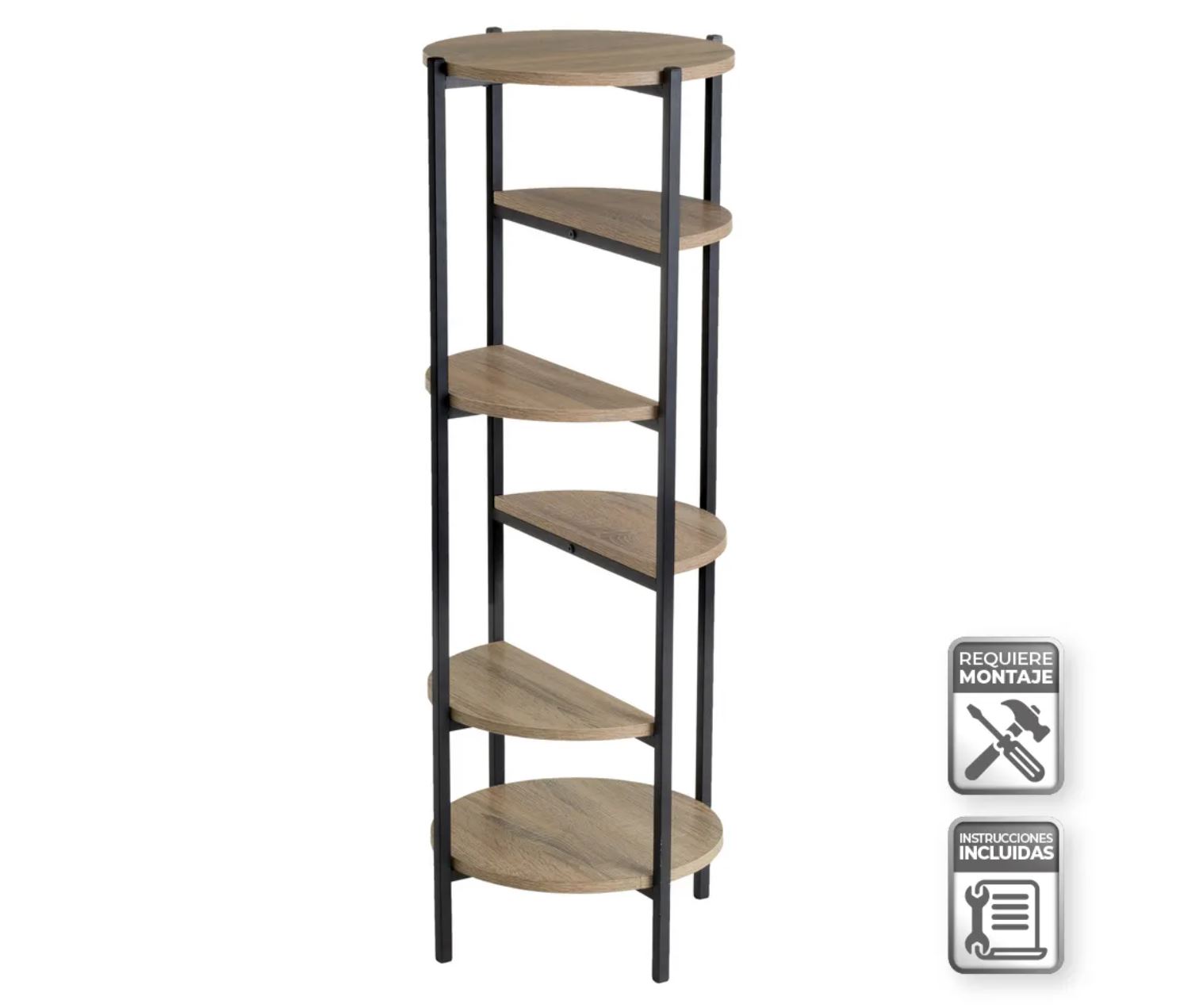 Estante de canto de cinco prateleiras em madeira clara com estrutura preta, acessórios indicam montagem requerida