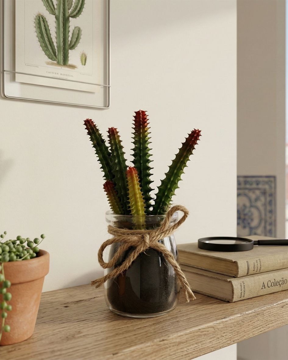 Planta artificial num frasco de vidro com corda amarrada numa prateleira de madeira, ao lado de livros e uma lupa