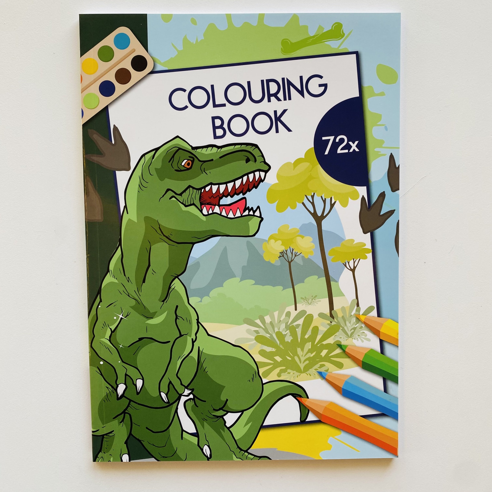 Livro para colorir com dinossauro verde e lápis de cor