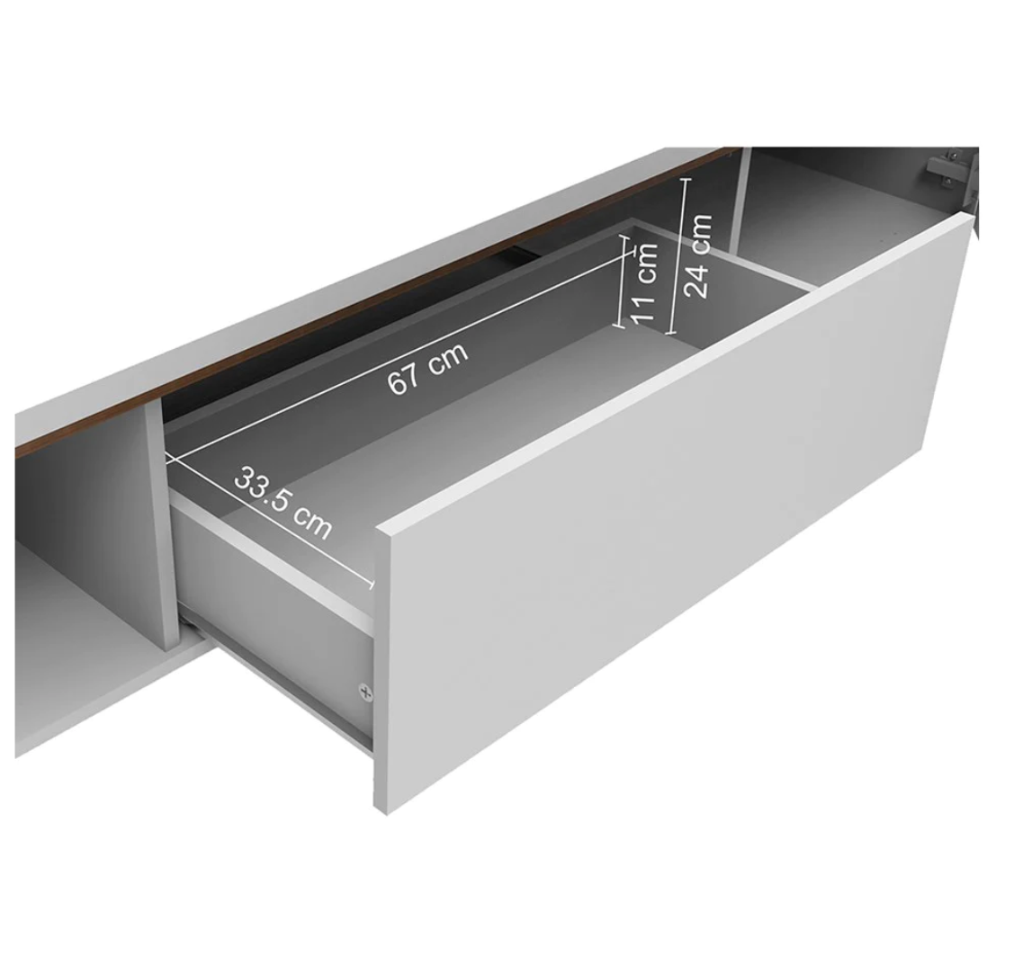 Gaveta branca aberta com dimensões interiores indicadas