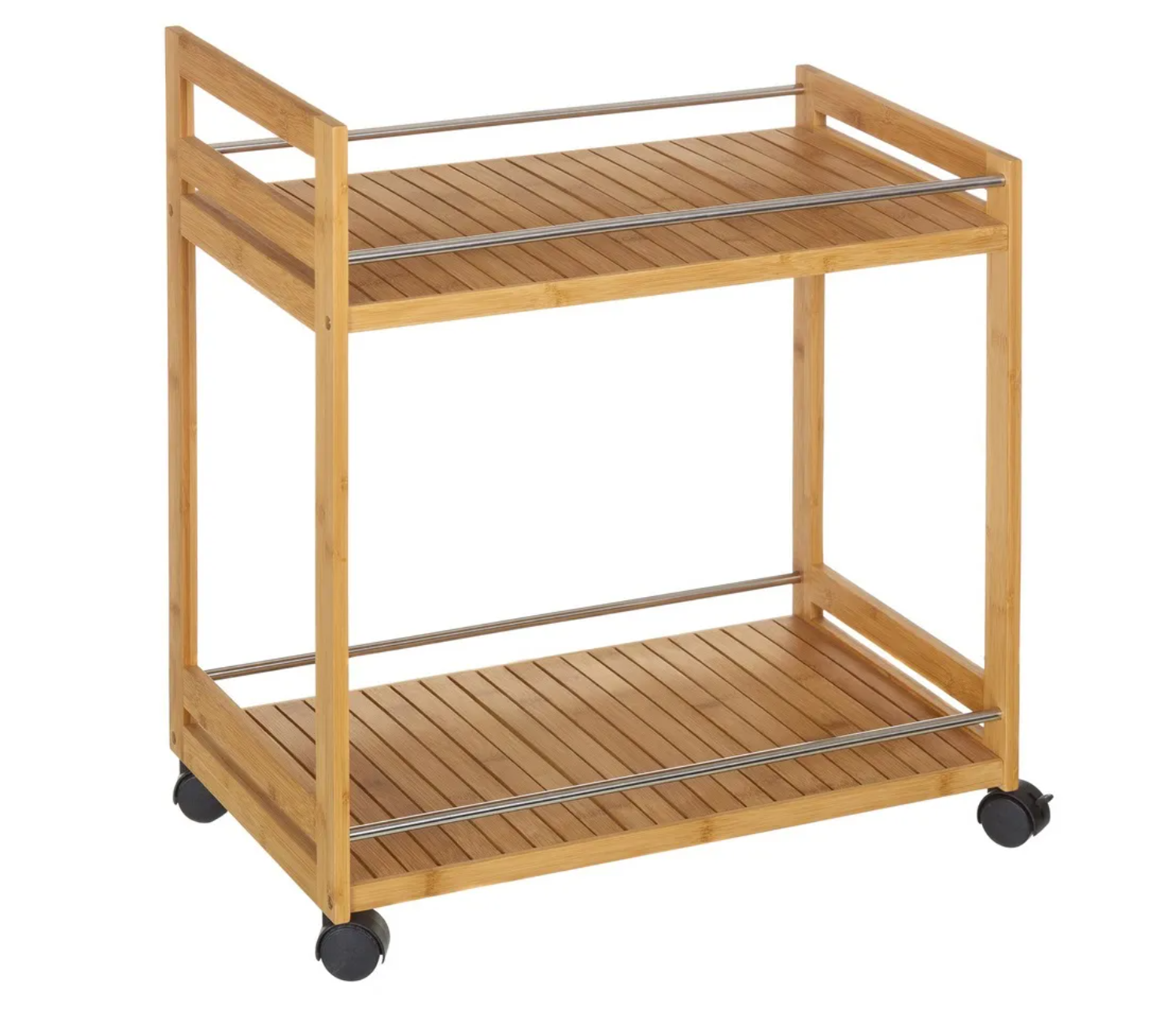 Carrinho de madeira com duas prateleiras e rodas pretas