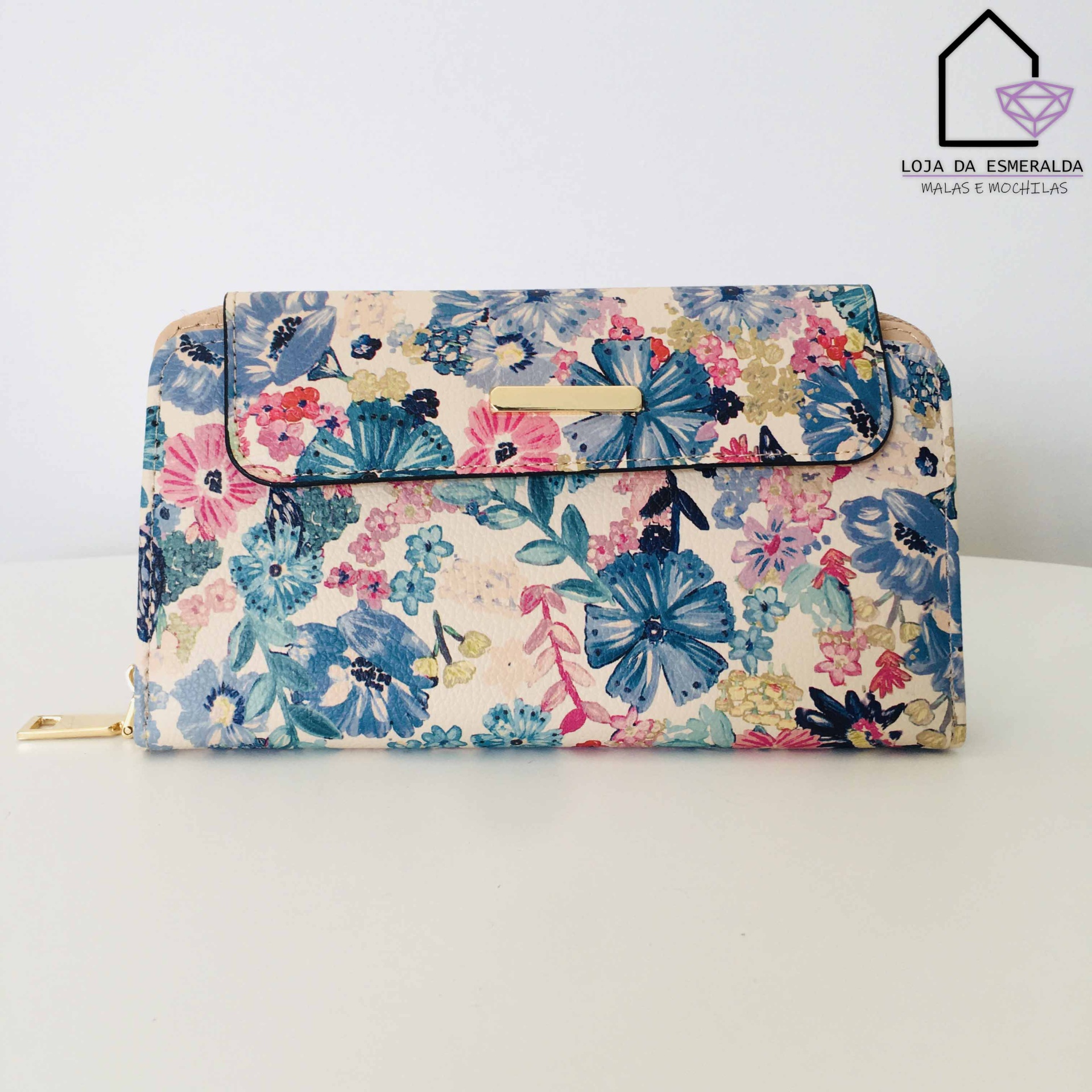 Carteira feminina floral azul, rosa e bege com fecho dourado