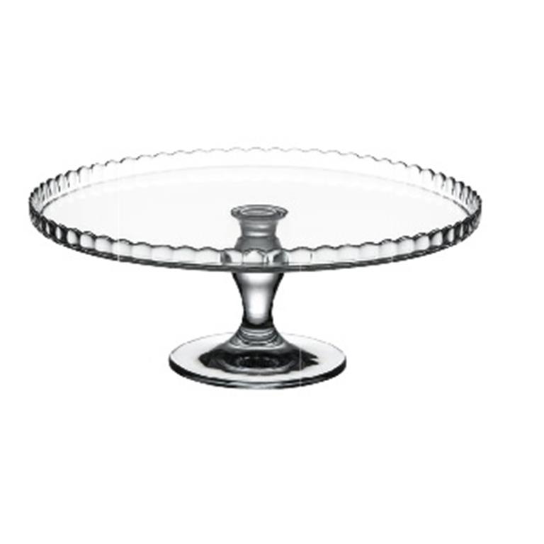 Prato de bolo de vidro transparente elevado com borda ondulada.