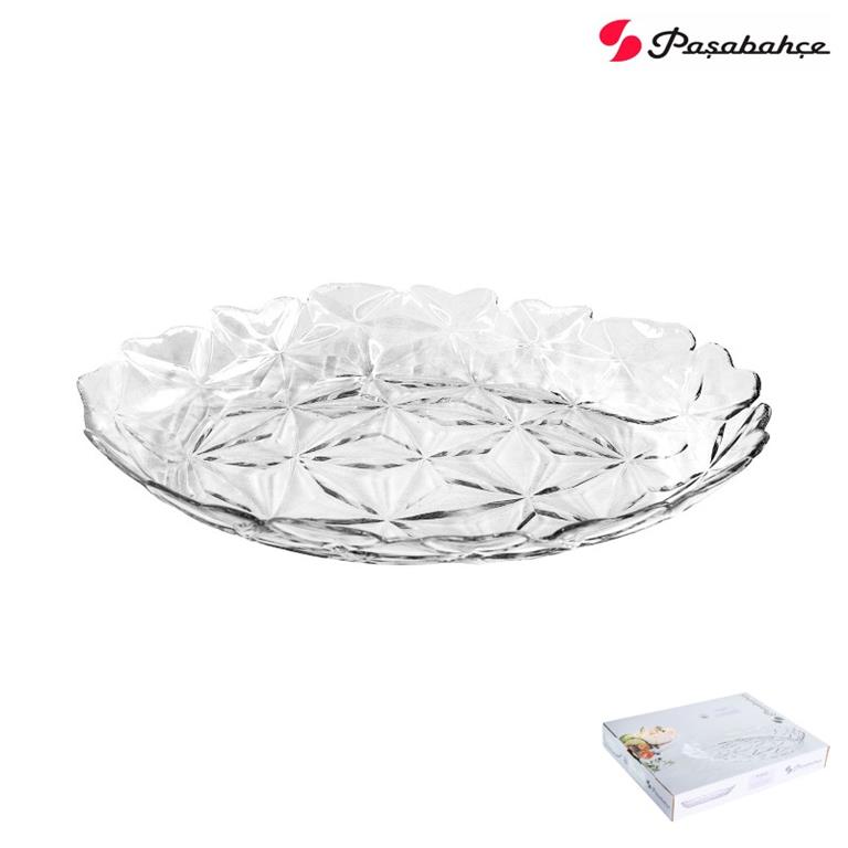 Prato decorativo em vidro transparente com padrão geométrico