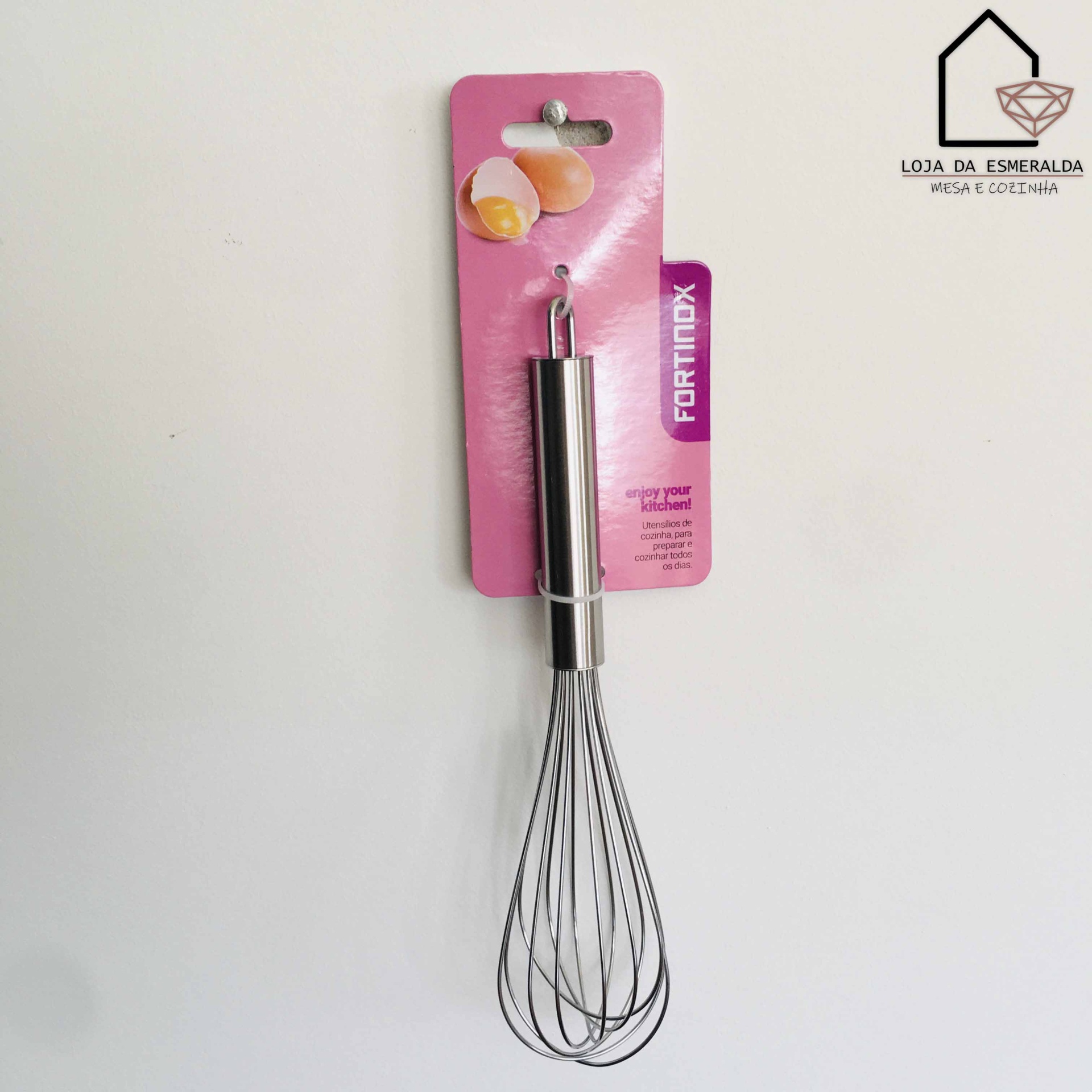 Batedor de arames em aço inoxidável com embalagem rosa