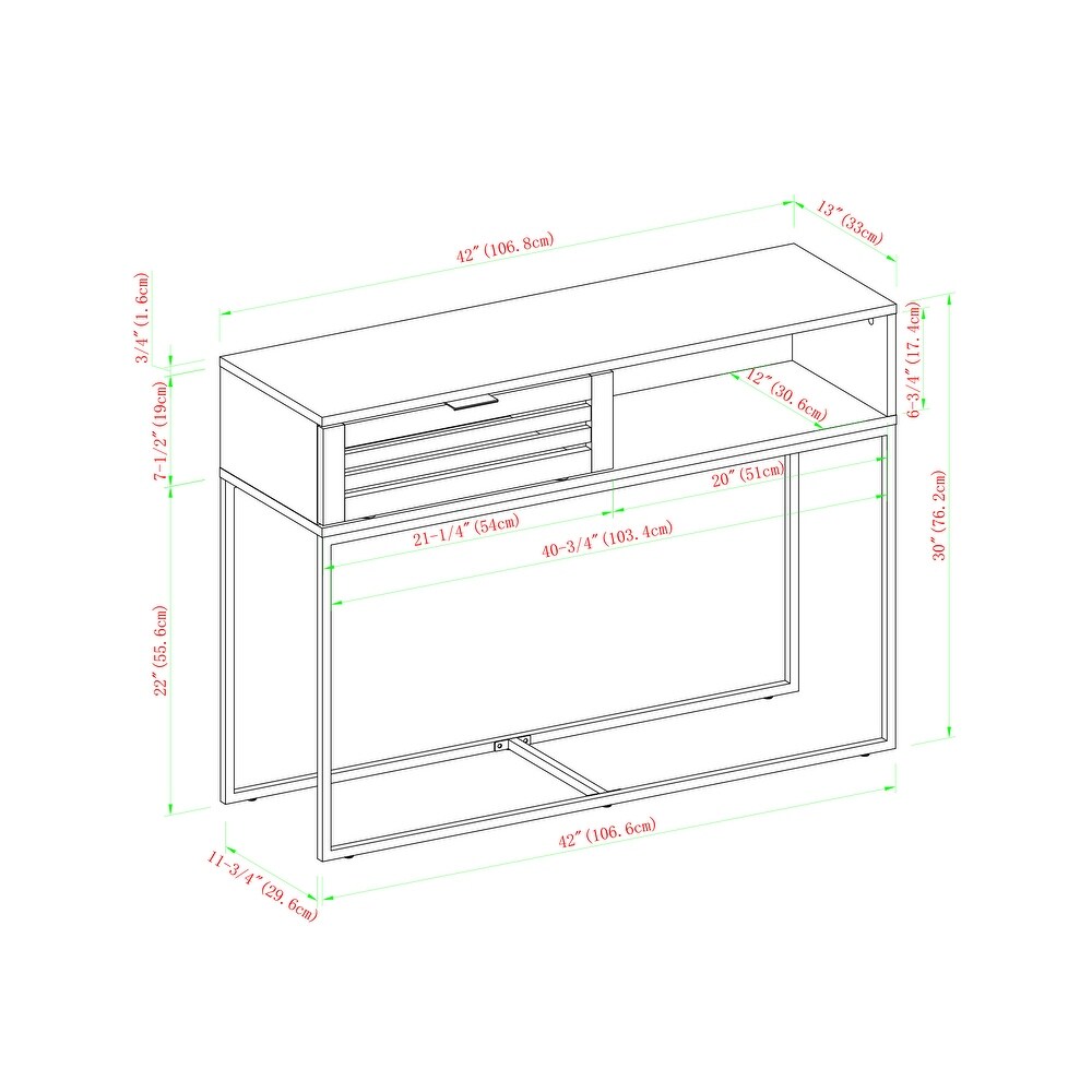Móvel consola branco com estrutura metálica preta e divisões para arrumação com medidas