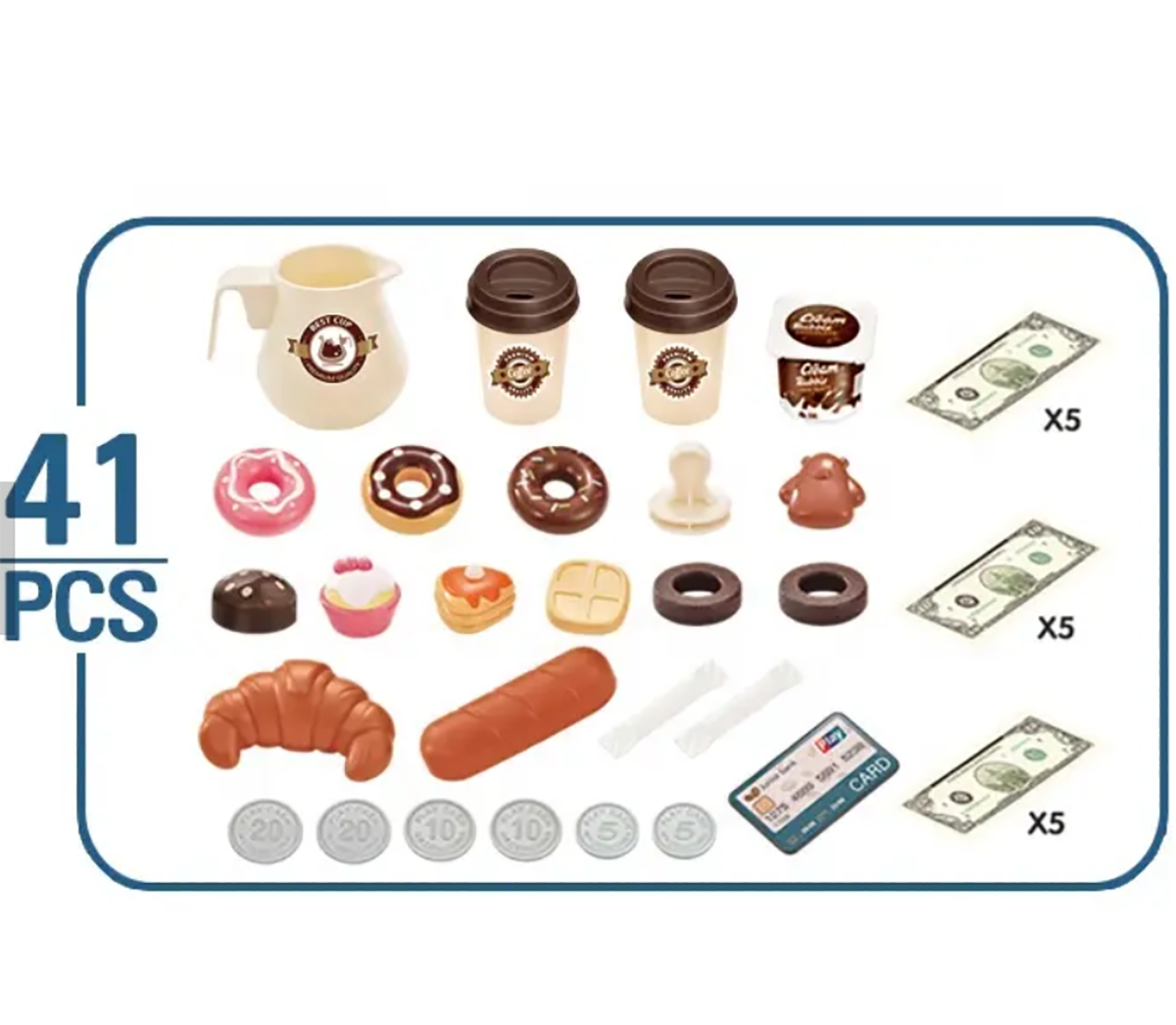 Brinquedo conjunto 41 peças com café e pastelaria em plástico colorido