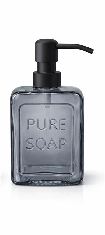 Frasco quadrado de vidro cinza com dispensador preto e texto PURE SOAP