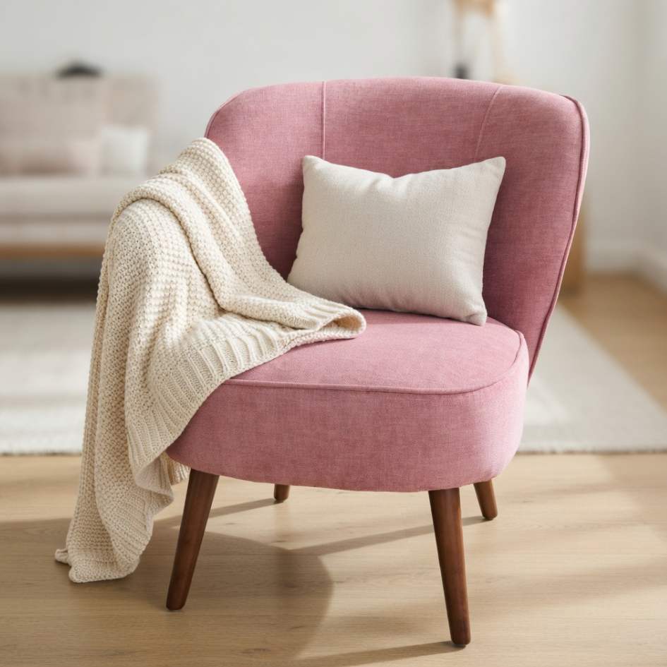 Poltrona rosa com almofada bege e manta tricotada creme