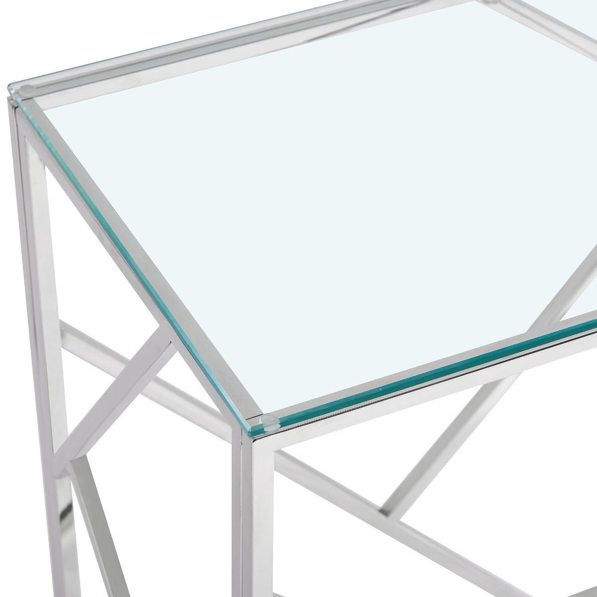 Mesa quadrada com tampo de vidro e estrutura metálica prateada