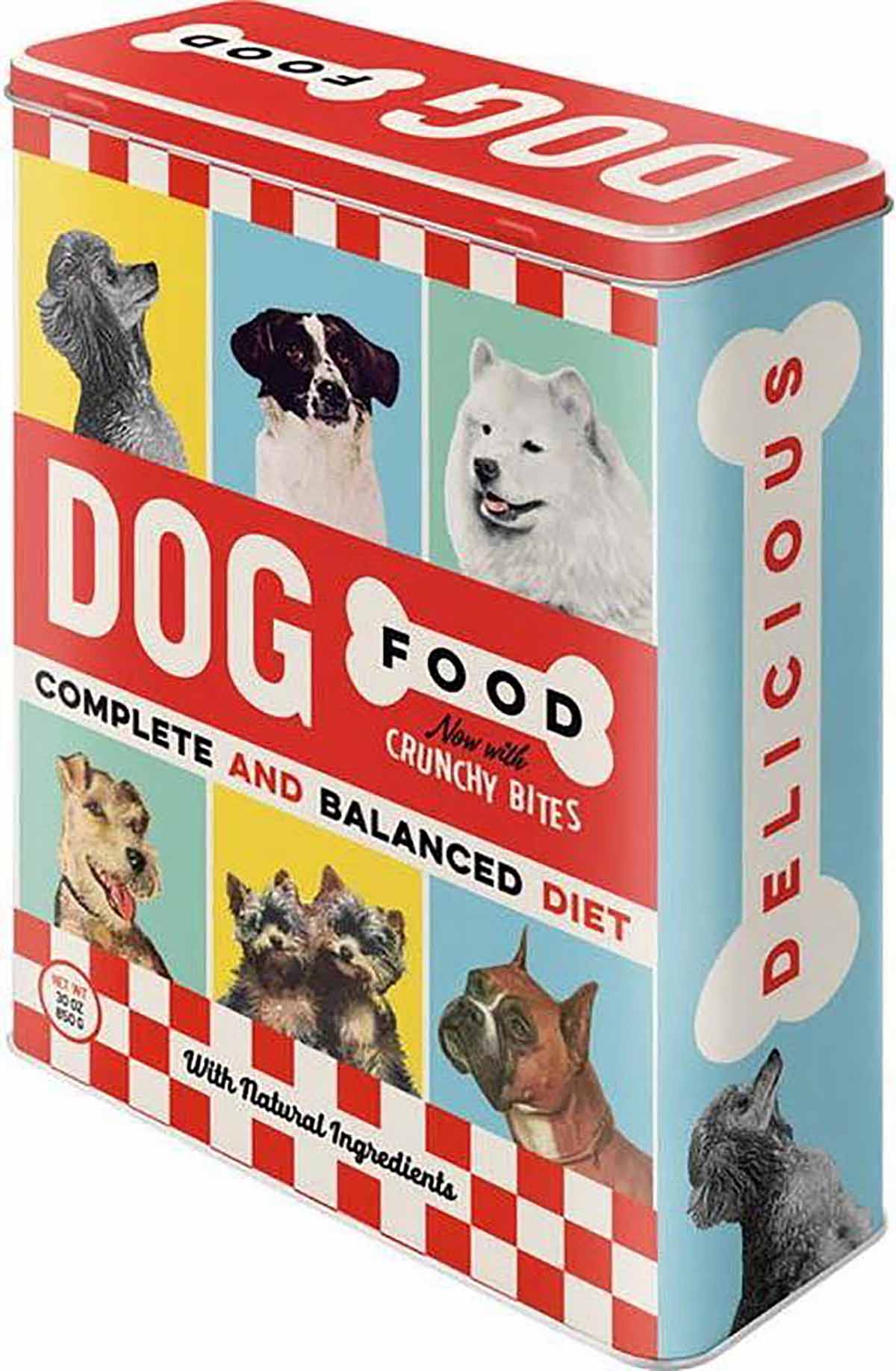 Lata metálica colorida de comida para cães com imagens de cães e texto informativo.