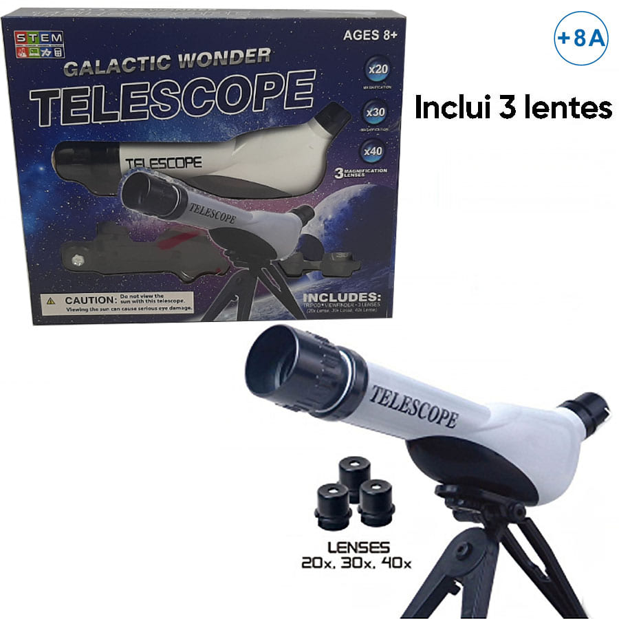 Caixa e telescópio branco com tripé preto e três lentes adicionais