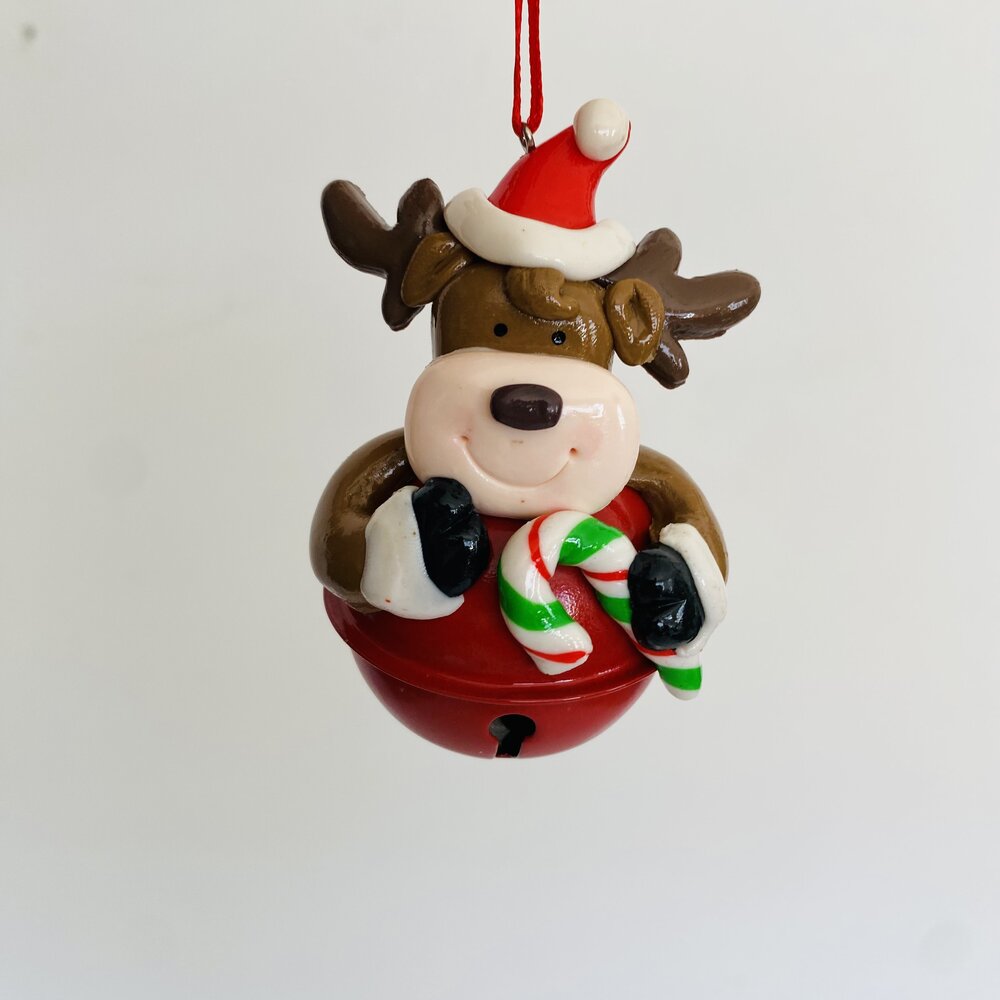 Suspensão decorativa Natal rena com chapéu de Pai Natal e bastão de doces