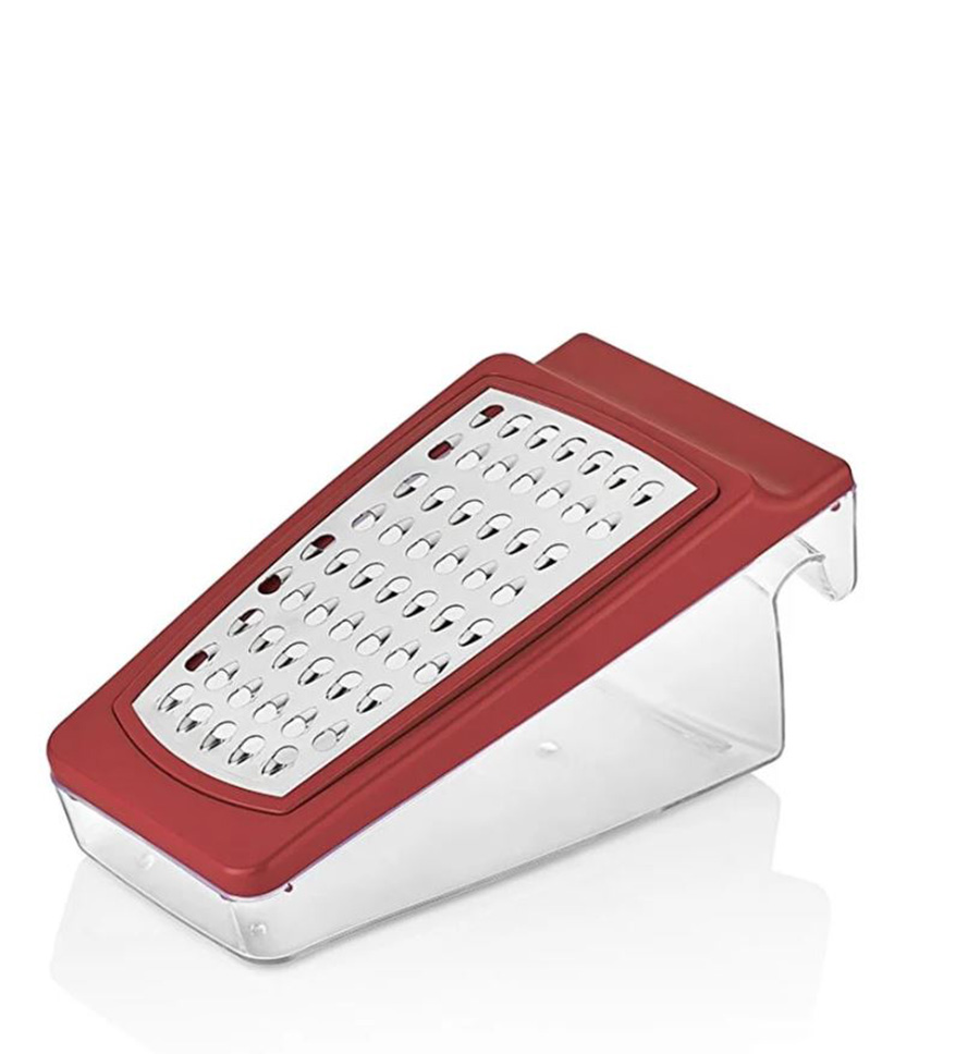 Ralador de cozinha com base transparente e parte superior vermelha