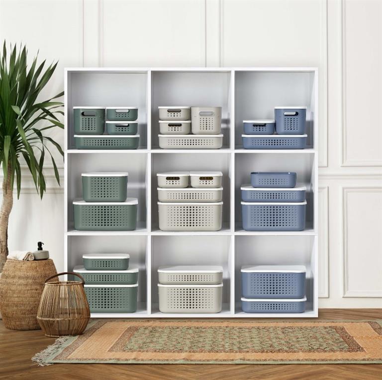 Estante branca com caixas organizadoras coloridas em plástico perfurado e planta ao lado.