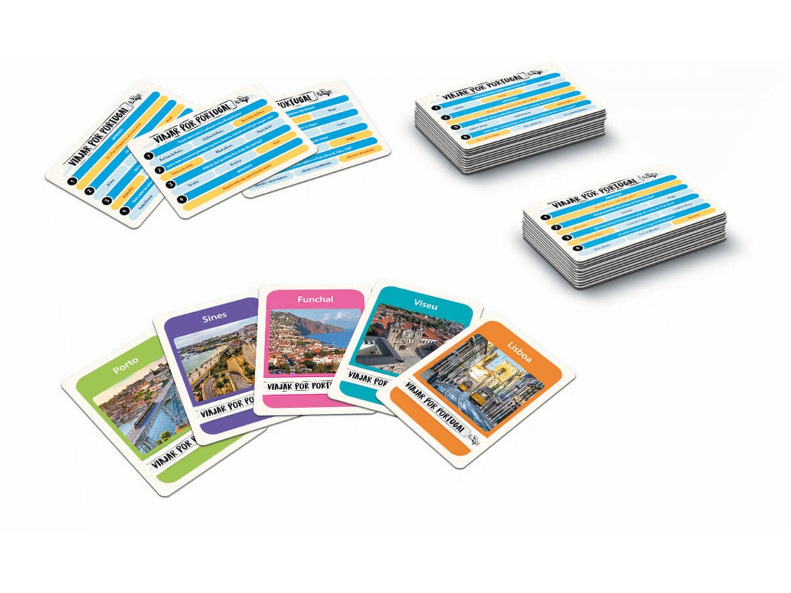 Cartas de jogo coloridas com imagens de cidades europeias e texto Value Per Tour