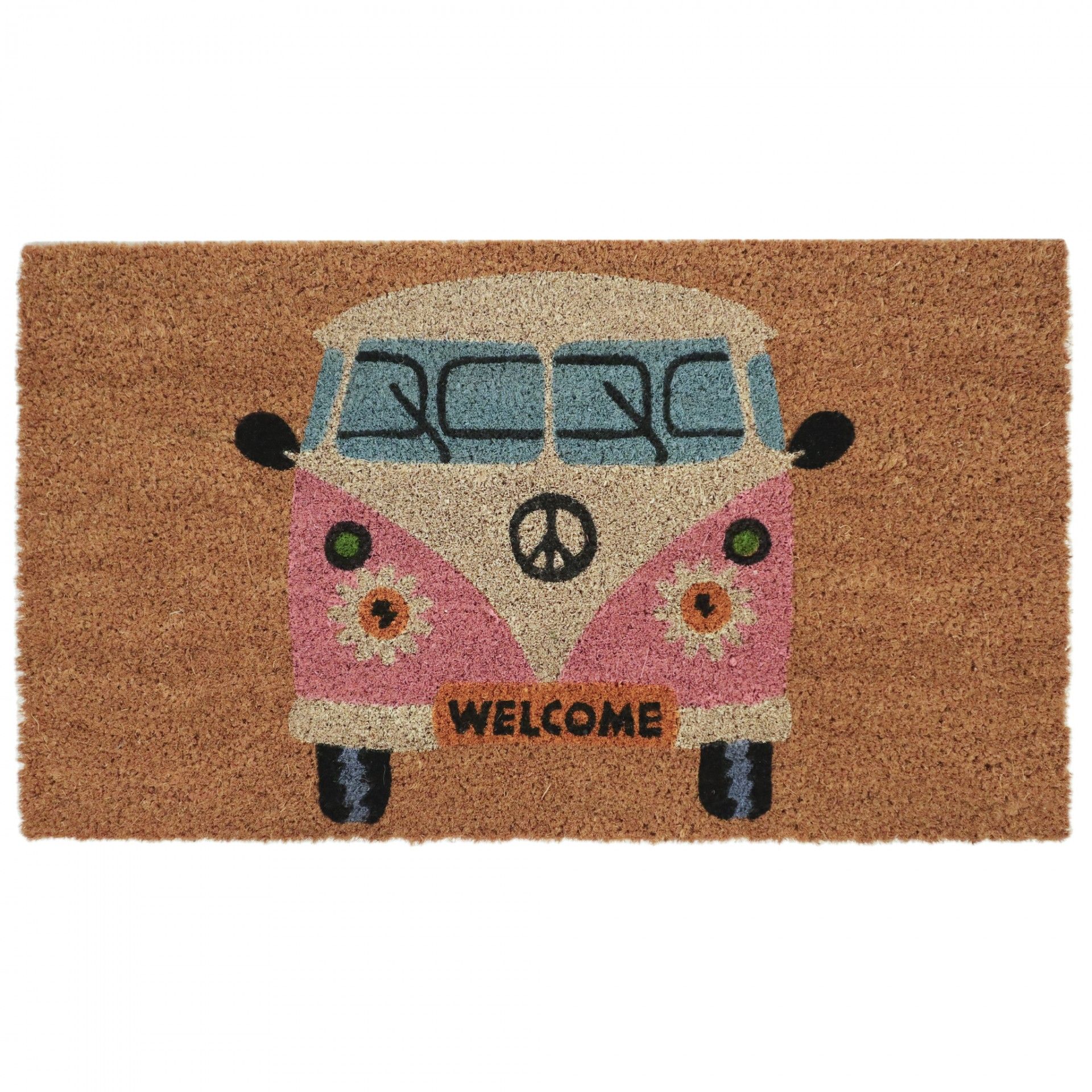 Tapete de entrada com estampa de carrinha retro cor-de-rosa e bege e a palavra WELCOME
