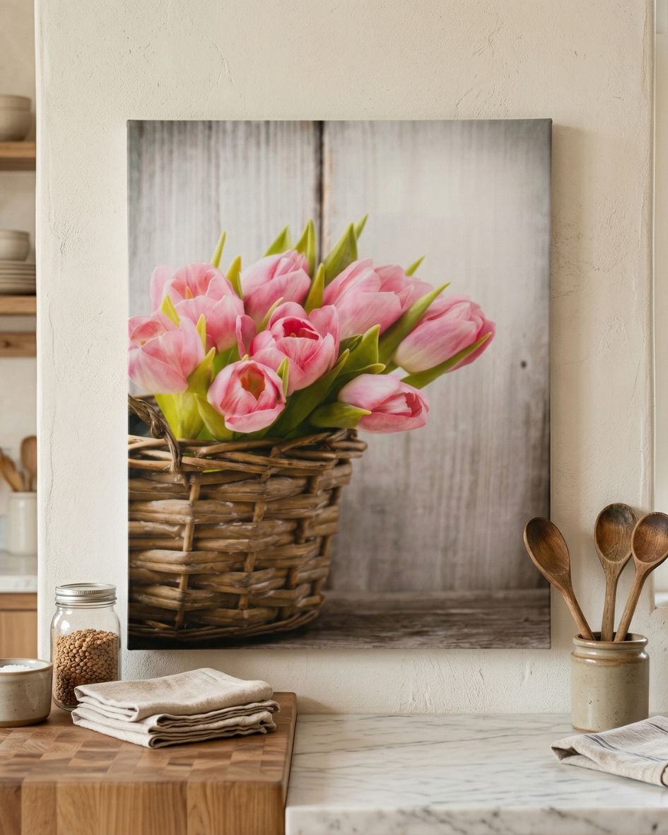 Tela decorativa com fotografia de tulipas cor-de-rosa em cesto de vime