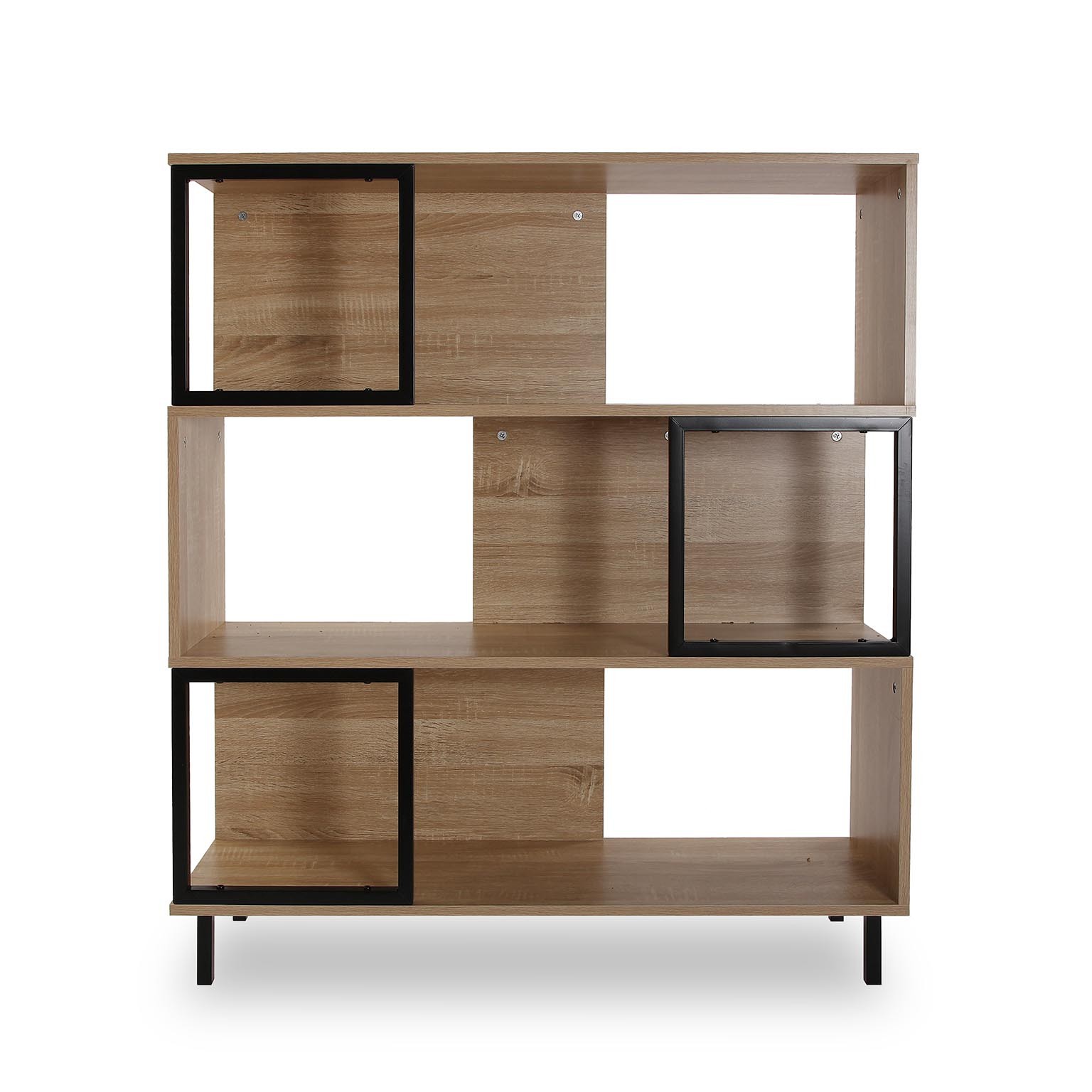 Estante moderna em madeira clara com moldura metálica preta