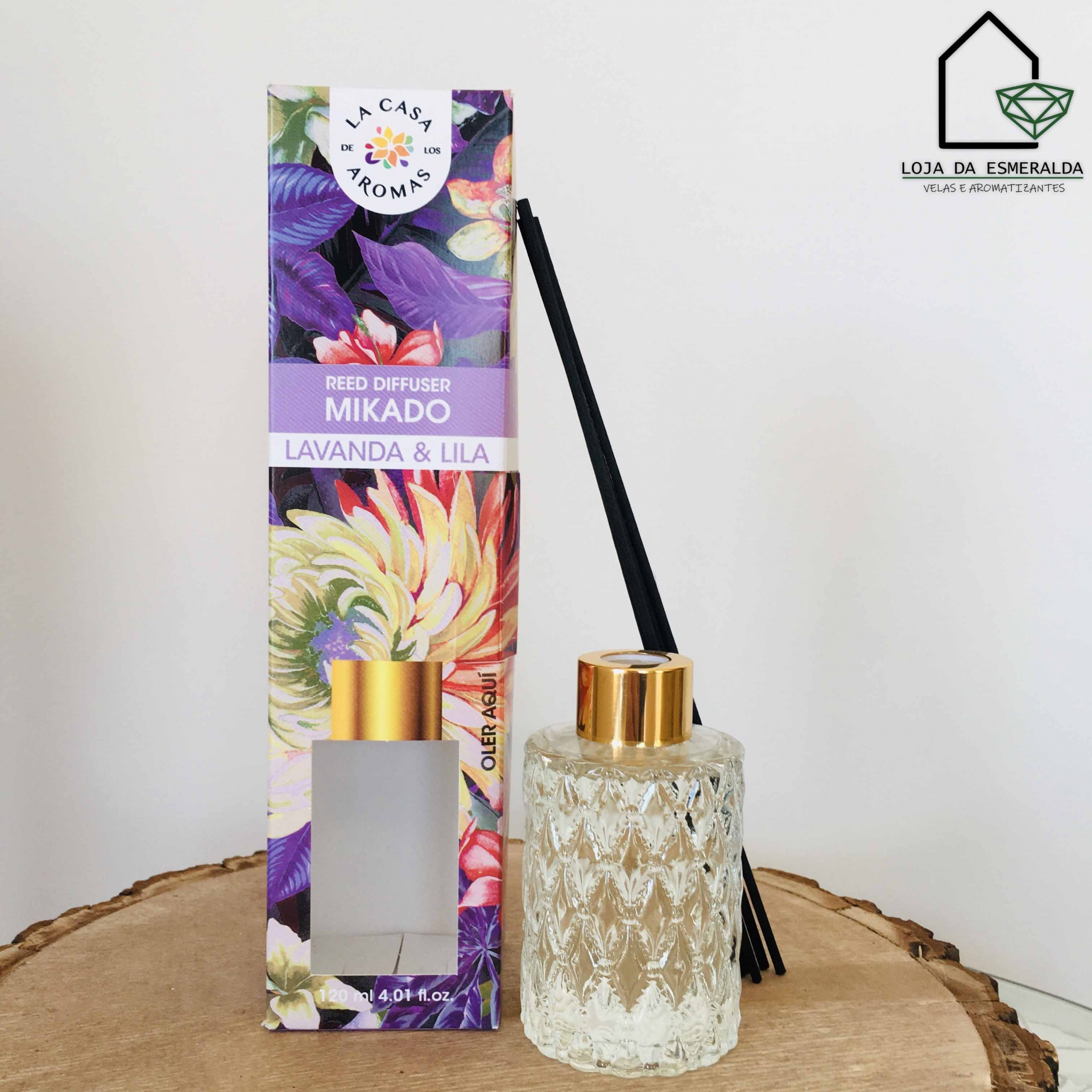 Difusor de aromas Mikado Lavanda & Lila com box floral e frasco de vidro com tampa dourada