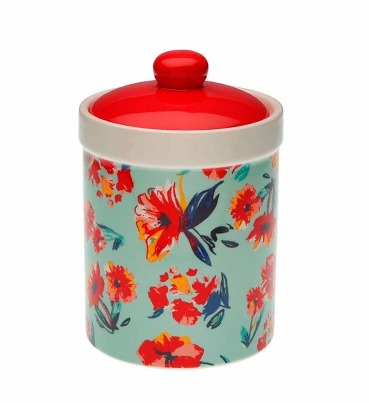 Recipiente cerâmico decorado com flores e tampa vermelha
