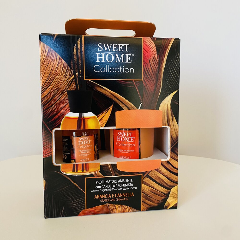 Embalagem com difusor e vela perfumada SWEET HOME Collection, tema laranja e canela.