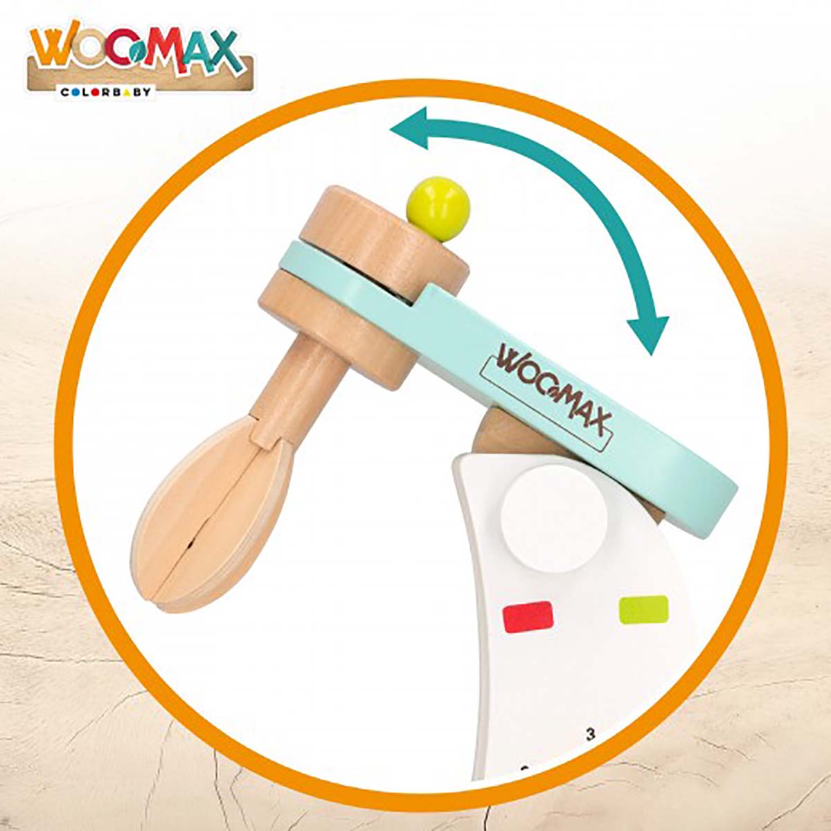 Brinquedo de madeira WOOMAX com peça rotativa azul e botão amarelo