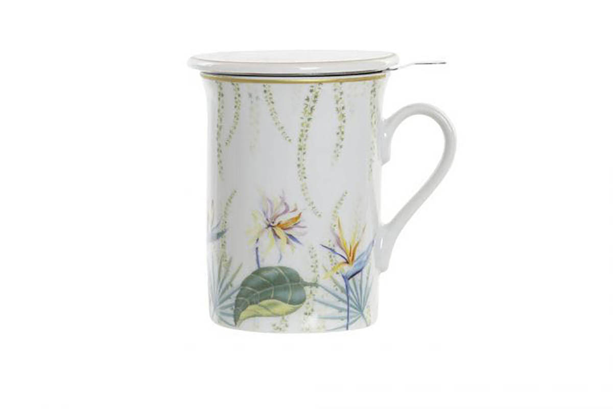 Caneca branca de cerâmica com padrão floral tropical