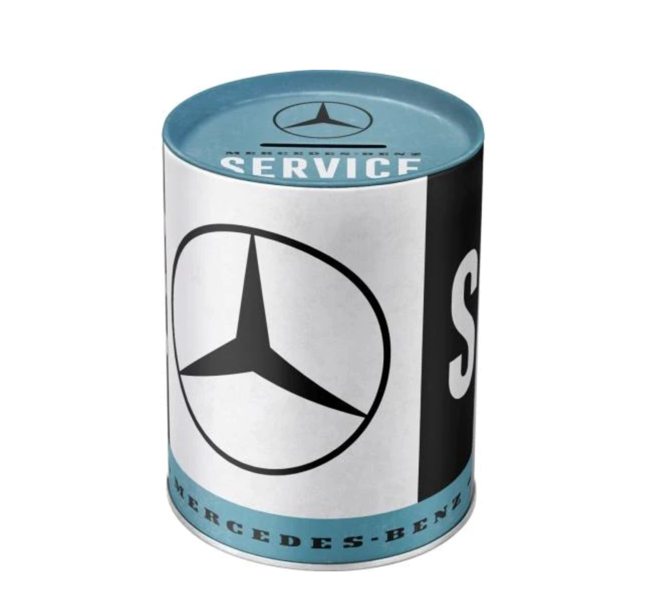 Lata cilíndrica branca com tampa azul e logo Mercedes-Benz preto