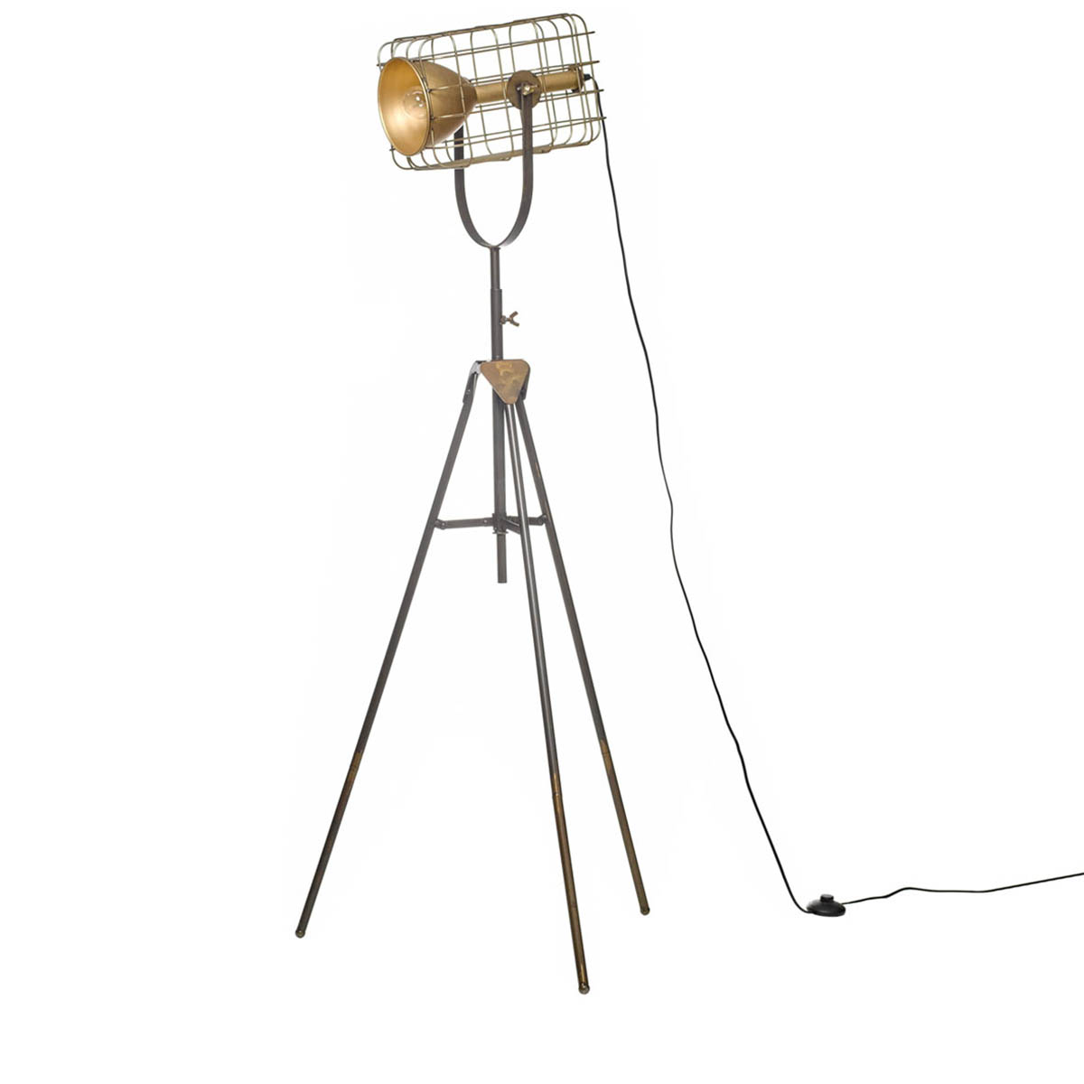 Candeeiro de pé metálico com tripé e cúpula em gaiola dourada