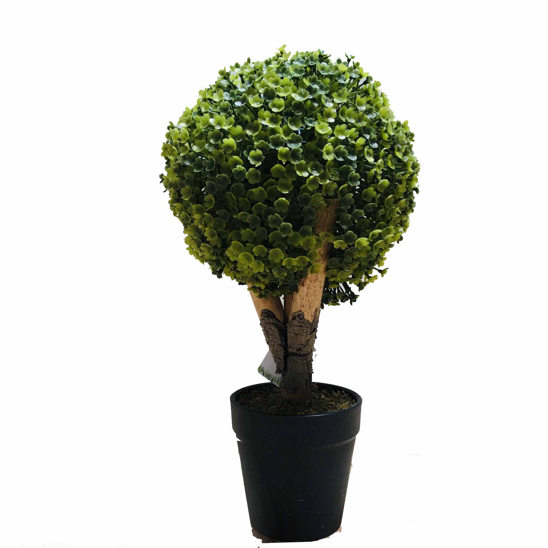 Planta artificial com copa arredondada em vaso preto