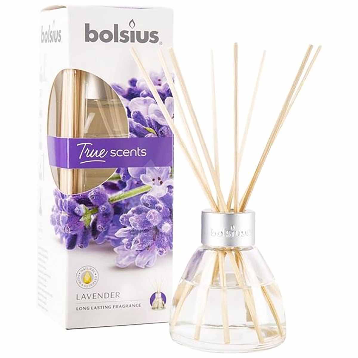 Varetas perfumadas Bolsius lavanda em frasco de vidro com embalagem branca