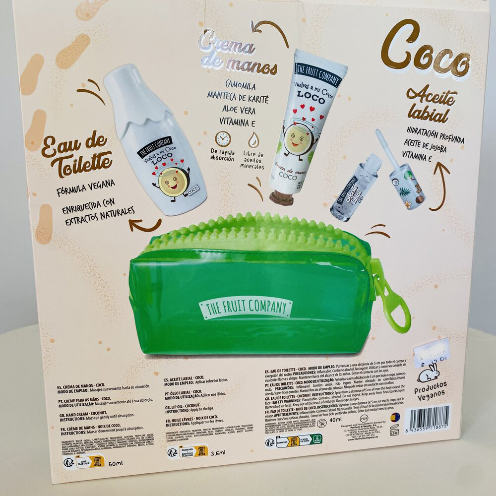 Embalagem de produtos cuidados pessoais The Fruit Company com necessaire verde