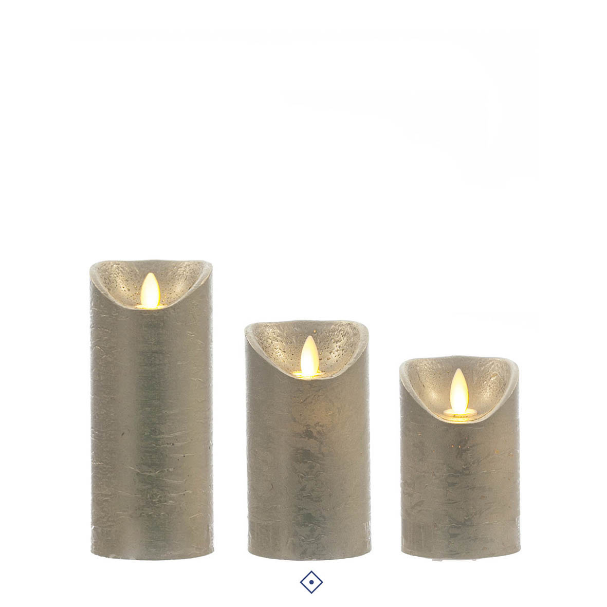 Conjunto de três velas LED cinza prateado com textura e chama amarela