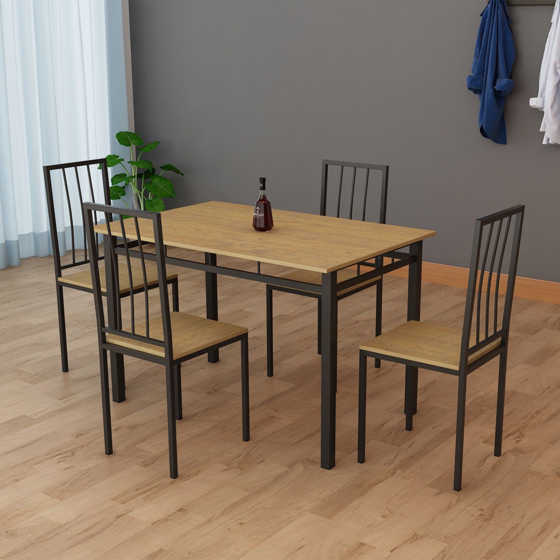 Conjunto de jantar com mesa retangular e quatro cadeiras em metal preto e madeira clara