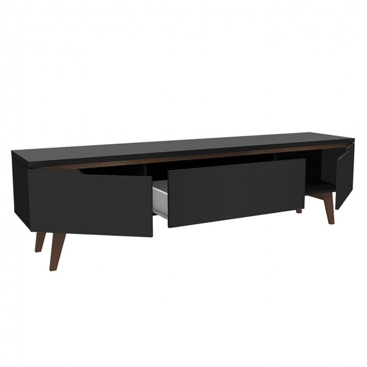 Móvel de apoio em madeira preta com gaveta aberta e portas em fundo branco