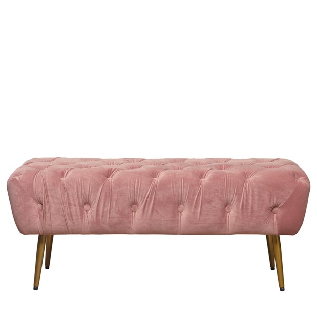 Banco estofado rosa em veludo com botões decorativos e pernas douradas