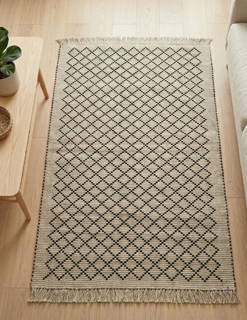 Tapete bege geometricamente padrão losangos pretos com franjas em ambiente de sala com chão de madeira