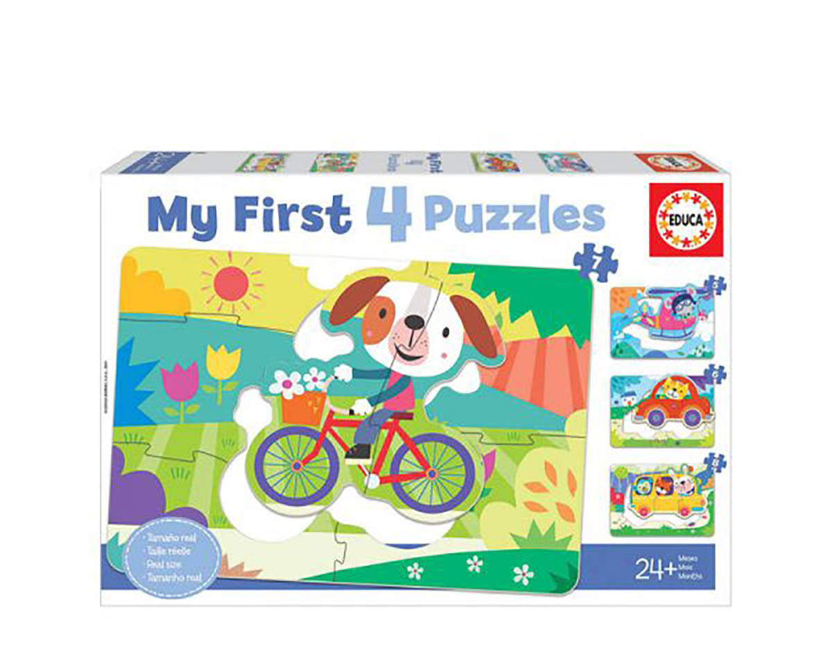 Caixa do puzzle Educa My First 4 Puzzles com imagem de cachorro a andar de bicicleta